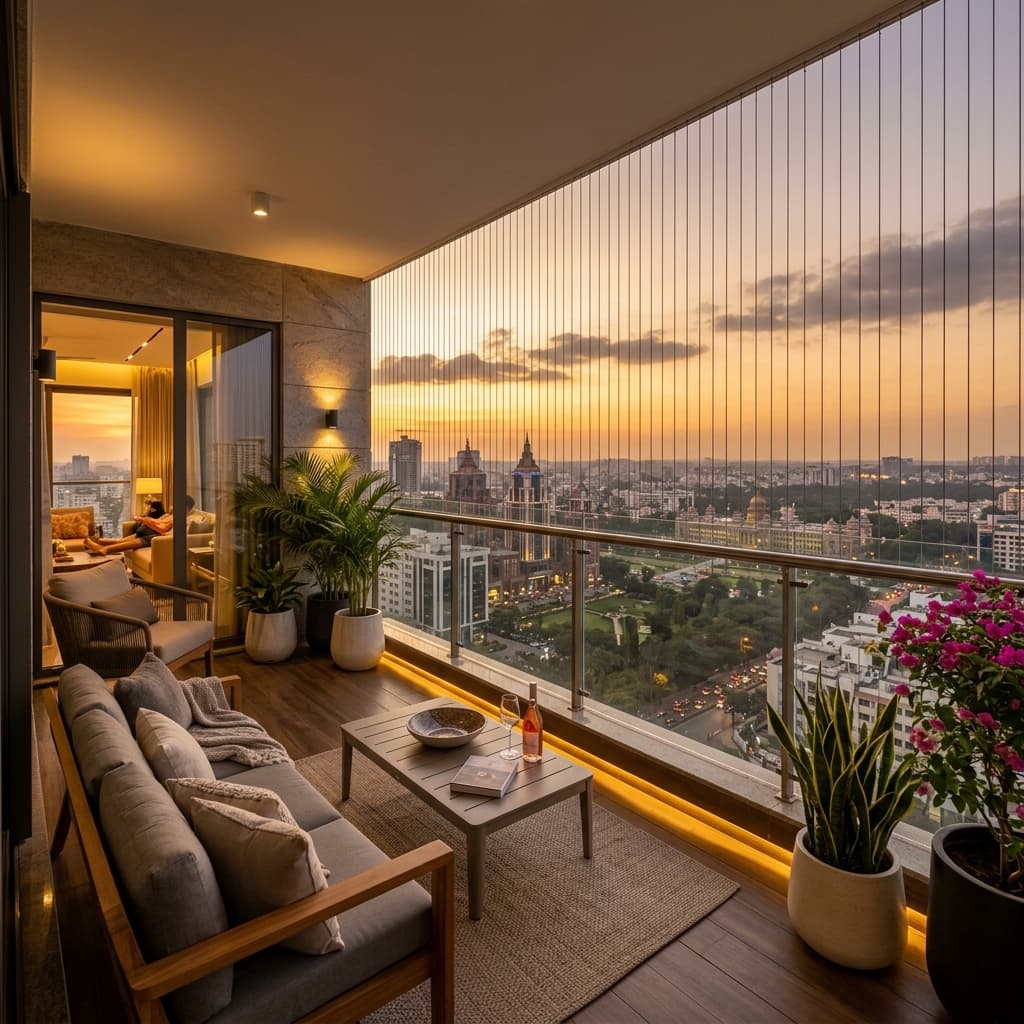 Modern high-rise balcony in Bangalore with sleek invisible grills