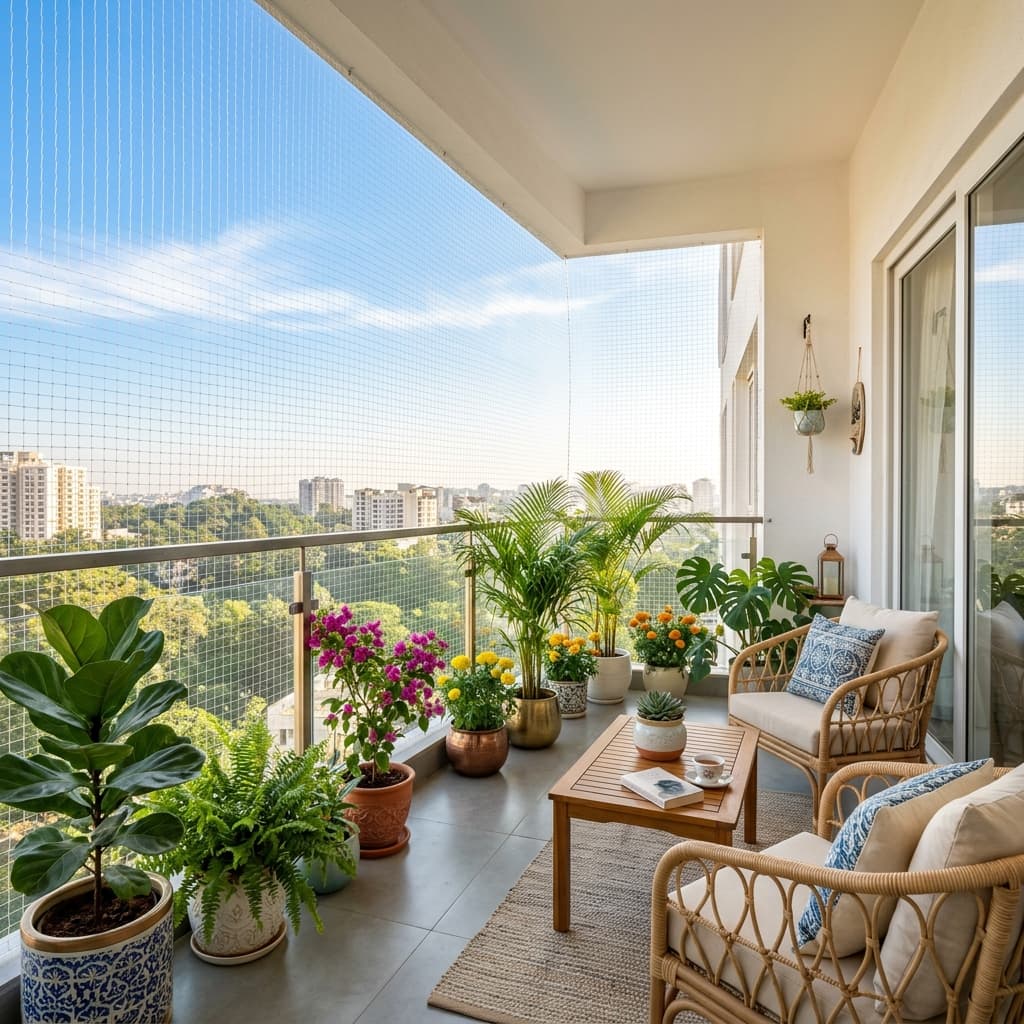 Clean, luxurious Indian apartment balcony bathed in bright morning sunlight, enclosed seamlessly by a fine, translucent anti-bird pigeon net.