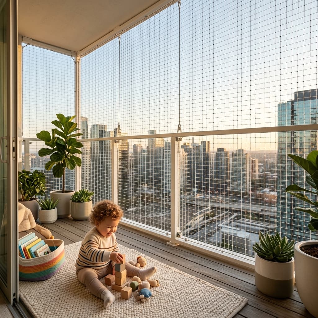 Safe, child-friendly high-rise apartment balcony with a toddler playing, securely enclosed by a thick nylon safety net.